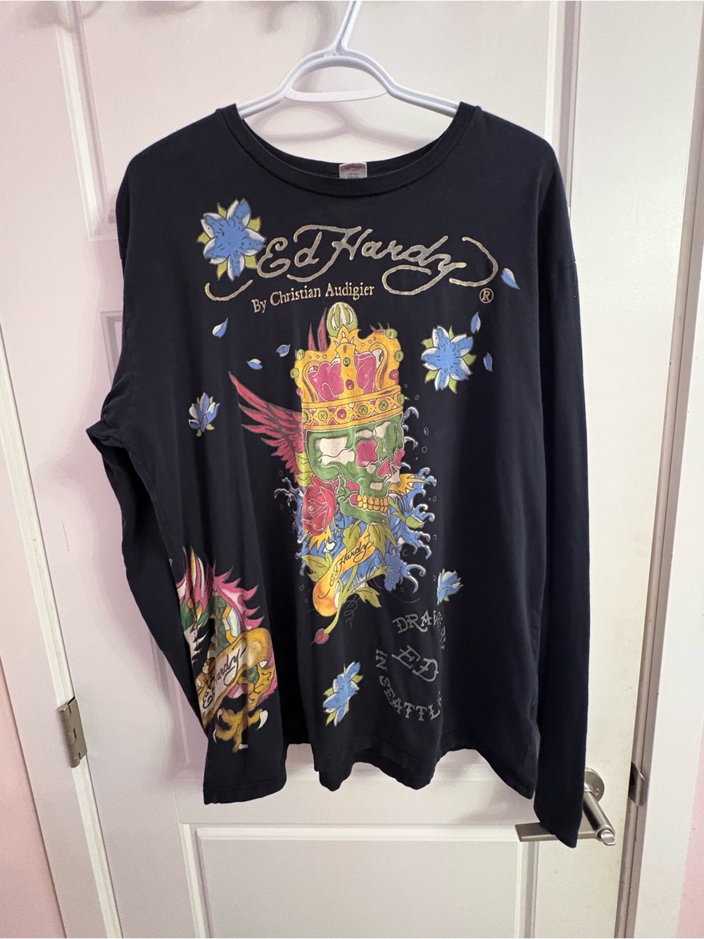 Ed Hardy: Long Sleeve Graphic Shirt  Black with Multi-Color Crown Skull